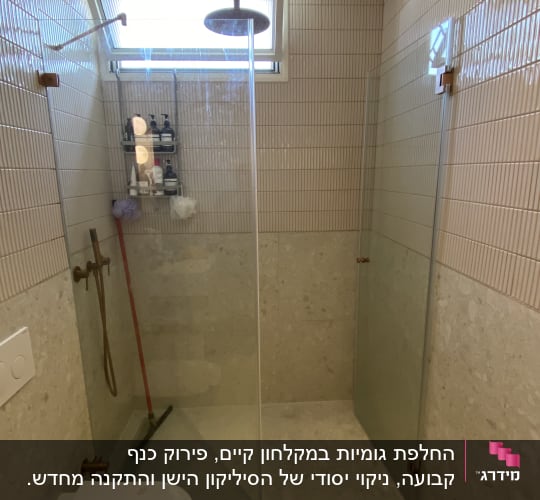 מקלחת עם ראש מקלחת, זכוכית ומדף עם מוצרי רחצה